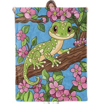 Cute Gecko on Blossom Blanket: Adorable Green Reptile on Pink Flowers