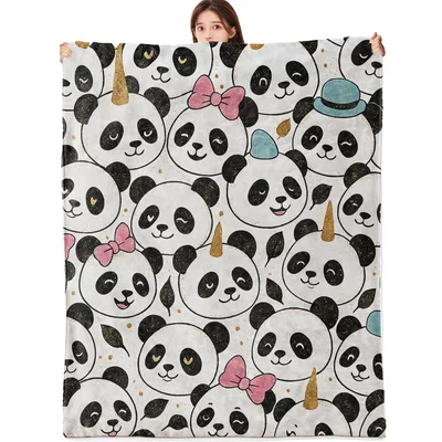 Panda Faces with Bows Blanket: Cute Panda Pattern with Unicorn Horns
