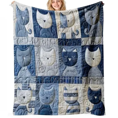 Patchwork Cat Faces Pattern Blanket: Quilt-Style Feline Design