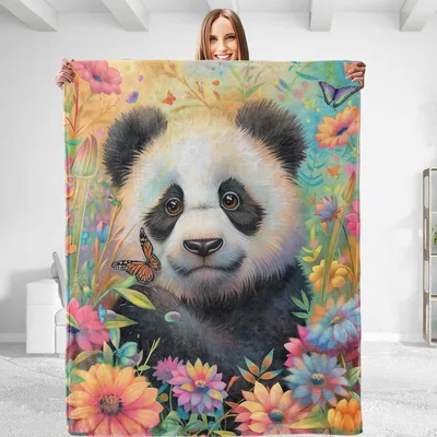Panda Among Colorful Flowers Blanket