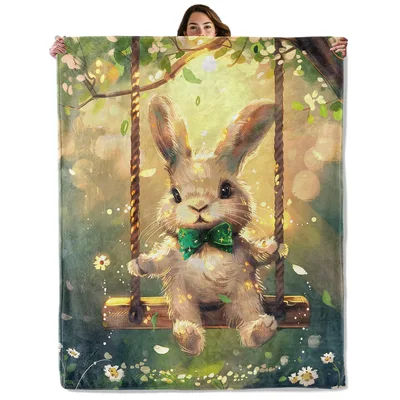 Bunny Swing Floral Design Blanket: A Rabbit on a Wooden Swing