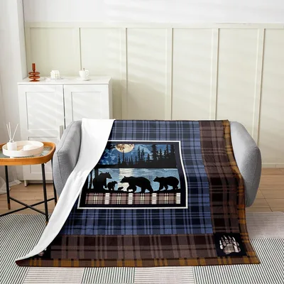 Bear Family Forest Scene Blanket: Plaid Wildlife Throw