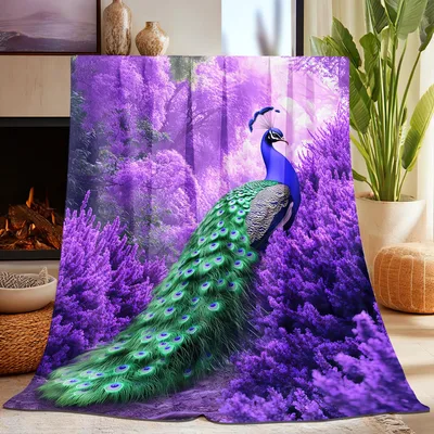 Peacock Among Purple Lavender Blanket: A majestic bird
