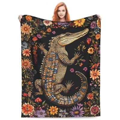 Alligator Among Colorful Flowers Blanket