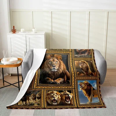 Lions in Golden Frames Blanket: Royal Safari Art for Your Sofa