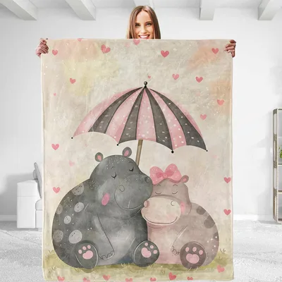 Hippos Sharing Umbrella Love Blanket features a cute couple