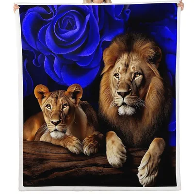 Lions Among Blue Roses Blanket: Majestic Big Cats and Floral Art