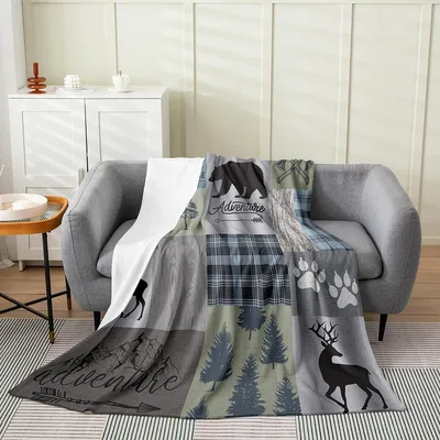 Deer and Bear Plaid Blanket: Rustic Patchwork with Adventure Text