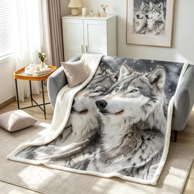 Two Gray Wolves Portrait Blanket: Wild Animal Art for Your Couch