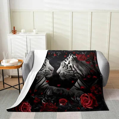 Tigers Couple with Red Blanket: White Tigers and Roses Design