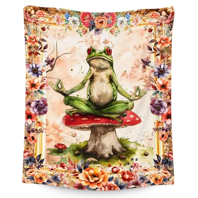 Meditating Frog on Mushroom Blanket: Zen Amphibian Art