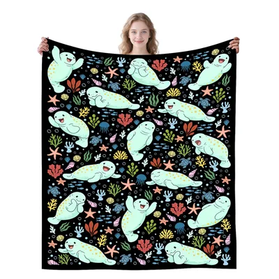 Manatees Among Flowers Pattern Blanket: Cute Sea Cow Design