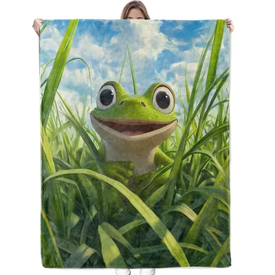 Cute Frog in Grass Blanket: Smiling Green Amphibian in Tall Blades