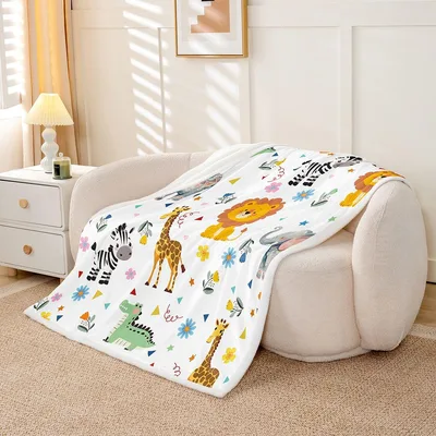 Cartoon Wild Animals Pattern Blanket for Kids and Animal Lovers