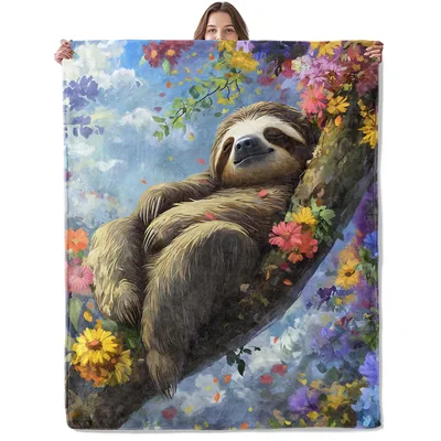 Sloth Hanging on Flowering Blanket: A Peaceful Sloth Art Print