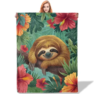 Sloth Among Tropical Hibiscus Blanket: Cute Sloth Art for Lazy Days