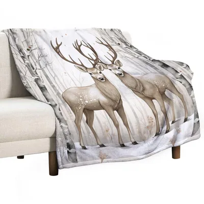 Snowy Woodland Deer Blanket: Rustic Winter Stag Art for Nature Lovers