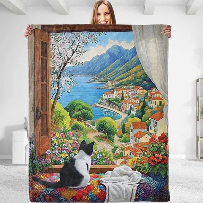 Throw Out Window Cat Looking Out Window Landscape Blanket