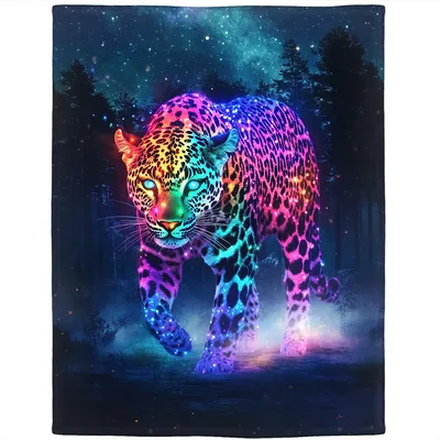 Rainbow Glowing Leopard Blanket: Neon Panther in Starry Forest