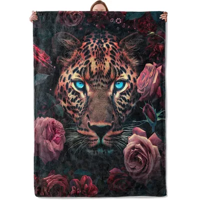 Blue Eyed Leopard Blanket: Wild Cat and Rose Floral Design