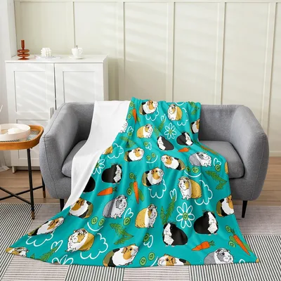 Guinea Pigs Pattern on Teal Blanket Featuring Cute Cavy Illustrations