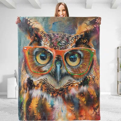 Owl Wearing Glasses Painting Blanket: Artistic Owl with Orange Frames