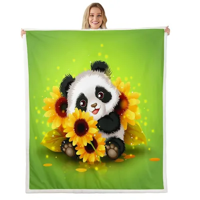 Panda Holding Sunflowers Blanket: Cute Kawaii Bear with Yellow Blooms