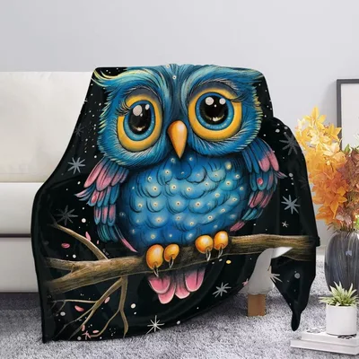 Blue Owl on Branch Blanket: Whimsical Blue Owl Art for Night Lovers