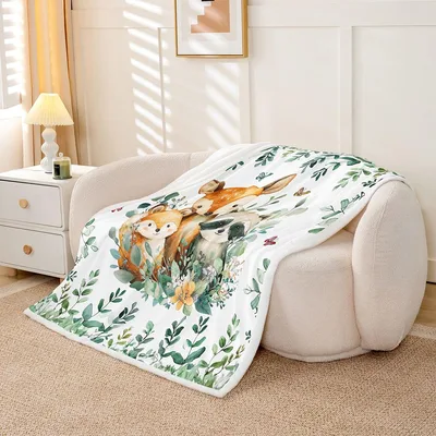 Cartoon Woodland Animals Blanket: Fox, Fawn, and Badger Design