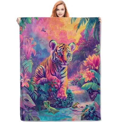 Colorful Tiger Cub Blanket: A Vibrant Jungle Scene for Wildlife Lovers