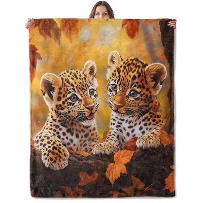 Two Leopard Cubs Blanket: Autumn Leopards on a Tree