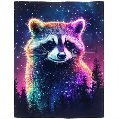 Glowing Raccoon in Starry Blanket: Rainbow Forest Art