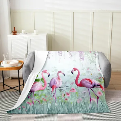 Pink Flamingos in Tropical Grass Blanket: Pink Birds in Wildflowers