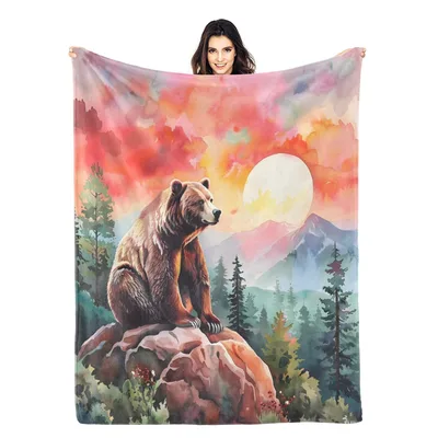 Bear Watching Sunset Mountains Blanket: Watercolor Bear