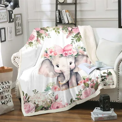 Baby Elephant with Pink Blanket: A Floral Fleece Throw for Cozy Spaces
