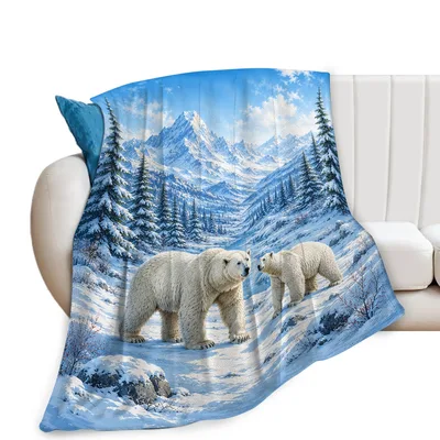 Polar Bears in Snowy Mountains Blanket: Arctic Wildlife Scene