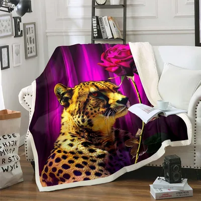 Leopard with Pink Rose Blanket: Big Cat Floral Design
