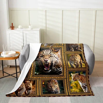 Leopard Photo Patchwork Panels Blanket: Wild Animal Art for Your Sofa