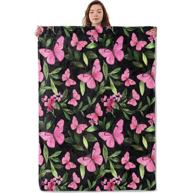 Pink Butterflies with Leaves Blanket: Vibrant Floral Pattern