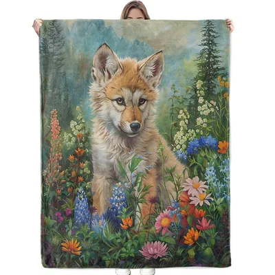 Little Wolf Pup Blanket: Wildflower Meadow Art for Nature Lovers