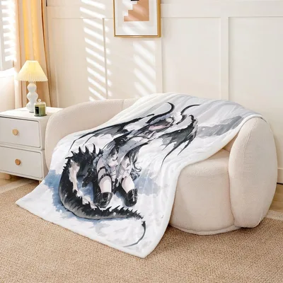 Ink Brush Animal Painting Blanket: Anime Girl with Dragon Art