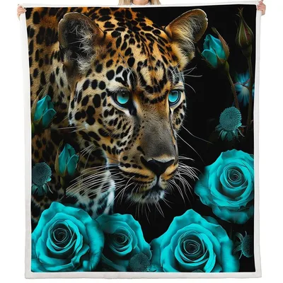 Leopard with Teal Roses Blanket: Wild Cat and Turquoise Floral Art
