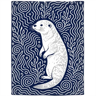 Otter on Navy Blue Blanket: Woodcut Style Sea Creature Art