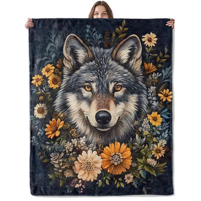 Wolf with Wildflowers Blanket: A Detailed Portrait of a Grey Wolf