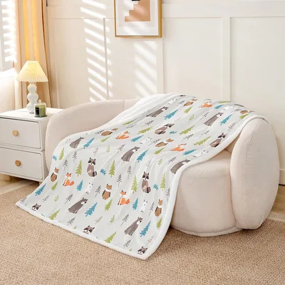Woodland Animals Pattern Blanket: Cute Fox, Bear, and Raccoon Design