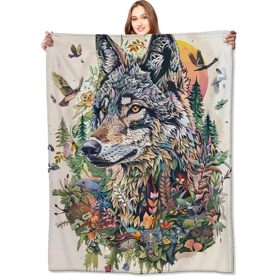 Wolf with Forest Flowers Blanket
