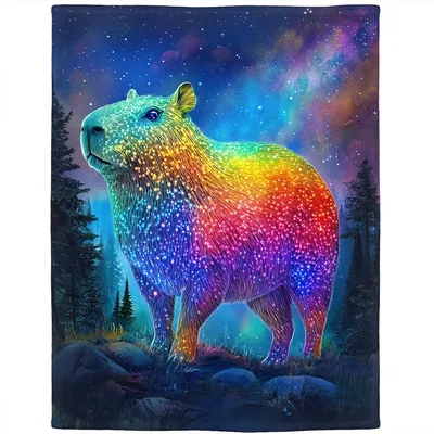 Rainbow Glowing Capybara Starry Blanket: Cosmic Forest Art