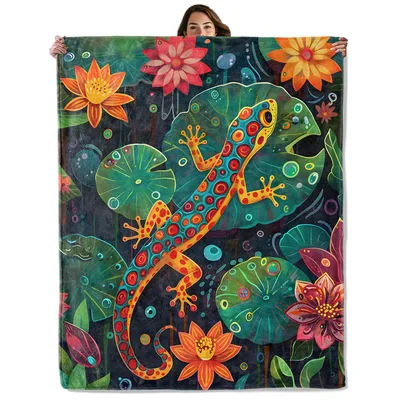 Colorful Gecko on Lily Blanket: Vibrant Reptile Art for Nature Lovers