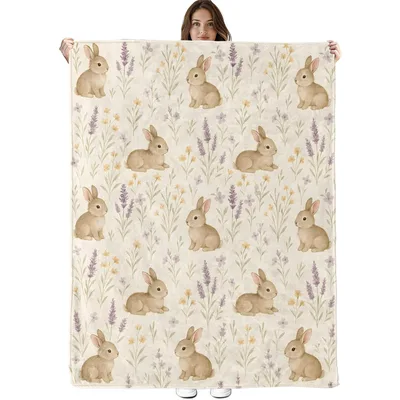 Cute Bunny Pattern Blanket: Lavender and Rabbit Watercolor Design