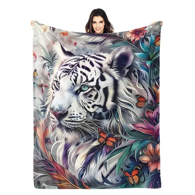White Tiger Floral Portrait Blanket: Majestic Art for Nature Lovers